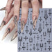 Black gothic cross nail art sticker sheet with example nude stiletto nails showing fine black gothic linework designs