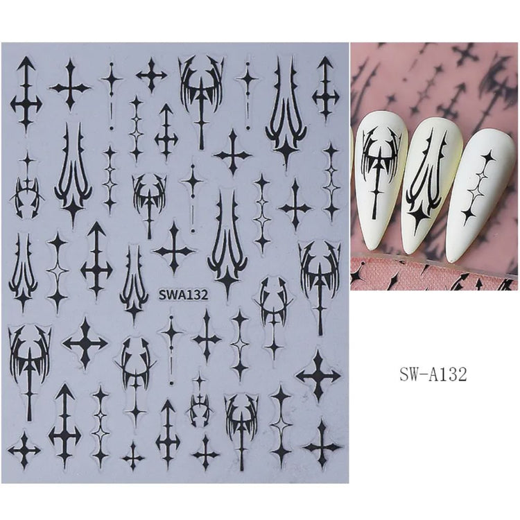 Black gothic cross nail art sticker sheet with example white stiletto nails showing black gothic decal designs