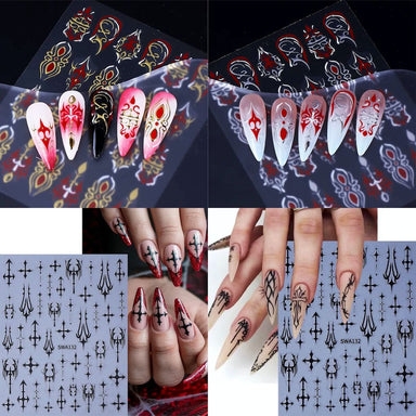 Collage of black gothic cross nail art sticker sheets with example stiletto nail designs in red glitter, nude and black decal styles