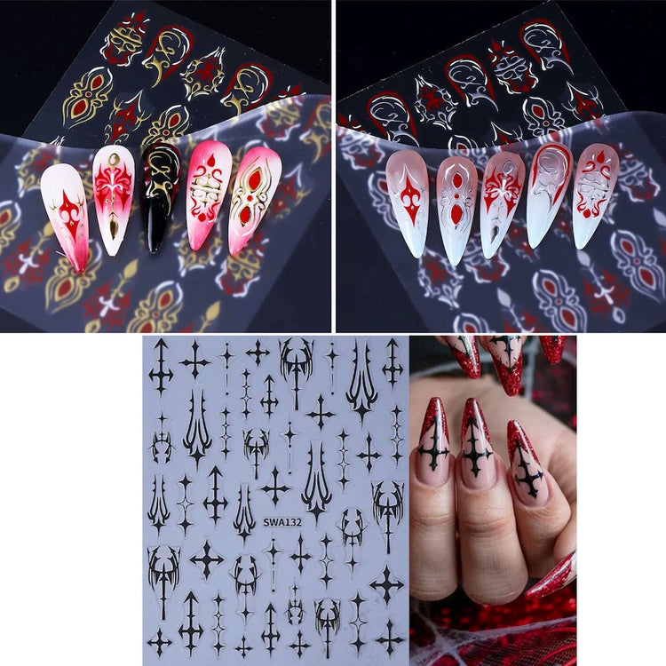 Pack of 3 gothic cross and ornamental nail art sticker sheets with black, red, white and gold decals, shown with example long nail designs
