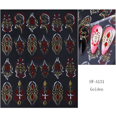 Gold, red and white gothic nail art sticker sheet with example long nail designs showing ornate decal details