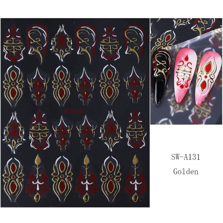 Gold, red and white gothic nail art sticker sheet with example long nail designs showing ornate decal details
