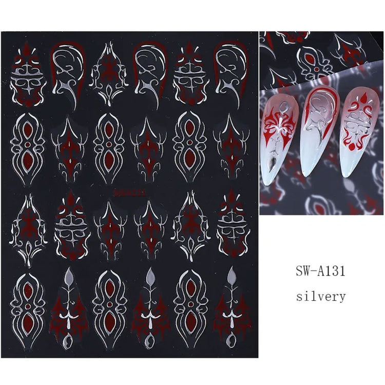Silver, red and black gothic nail art sticker sheet with example white stiletto nails showing ornate decal designs