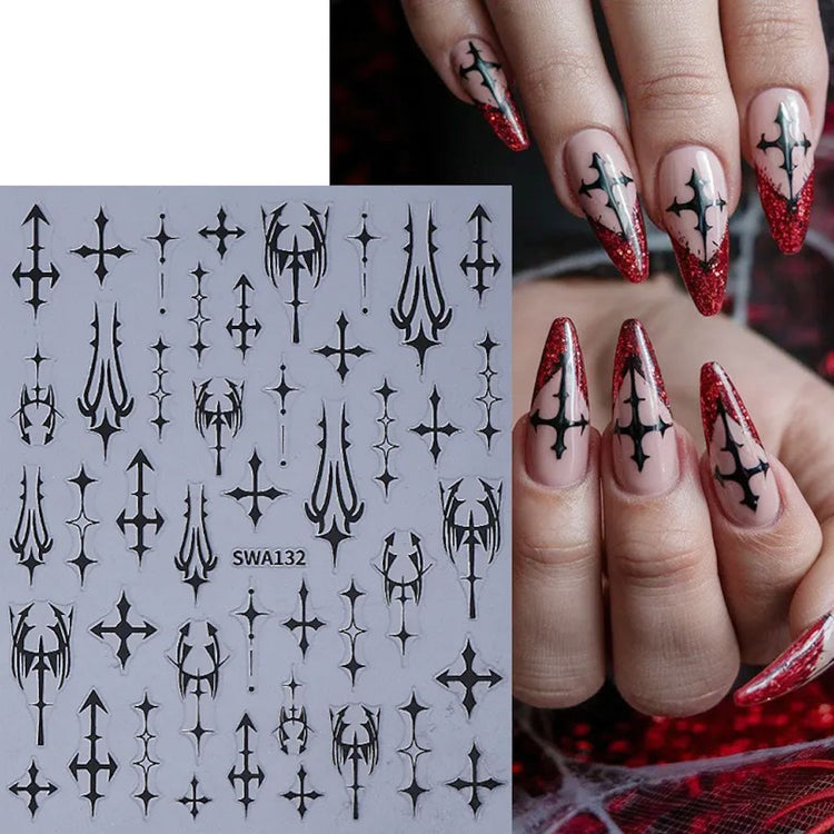 Black gothic cross nail art sticker sheet with example red glitter stiletto nails showing black cross decals