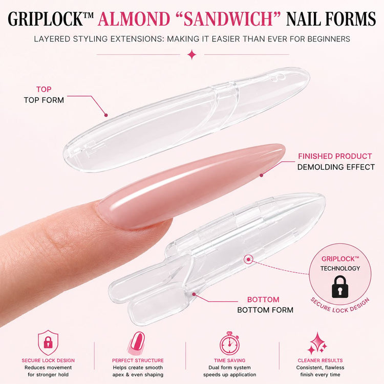 Nail Success Australia GripLock Almond Sandwich Nail Forms showing top and bottom dual form design with finished nail demo and secure lock technology