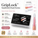 Nail Success Australia GripLock Sandwich Dual Forms showing storage box, top and bottom locking design, almond nail form demo and product benefits