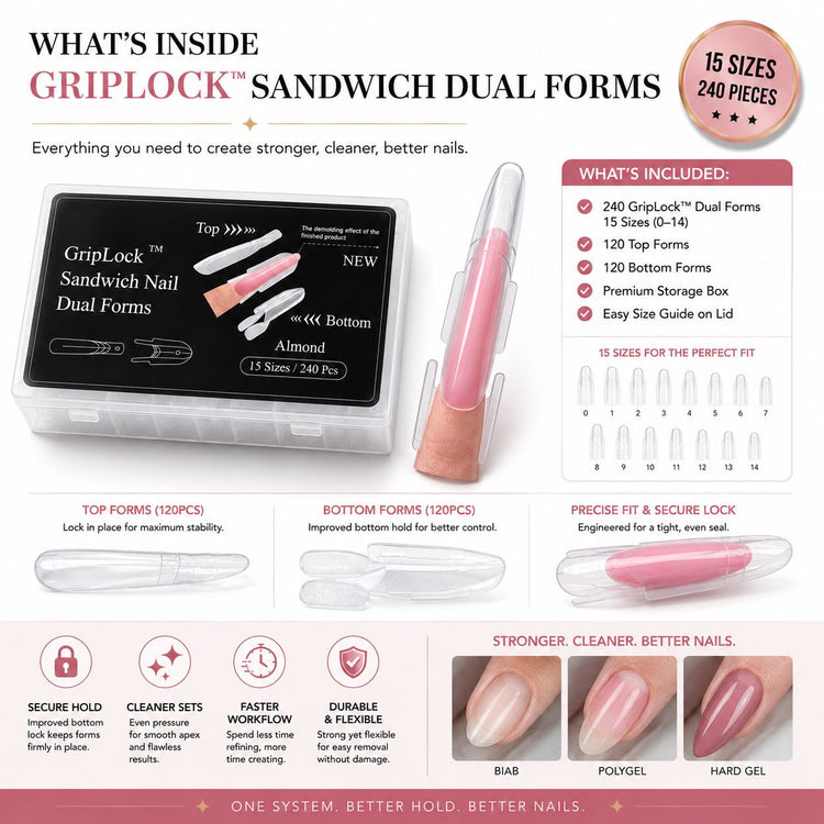 Nail Success Australia GripLock Sandwich Dual Forms kit with 240 almond nail forms, 15 sizes and storage box