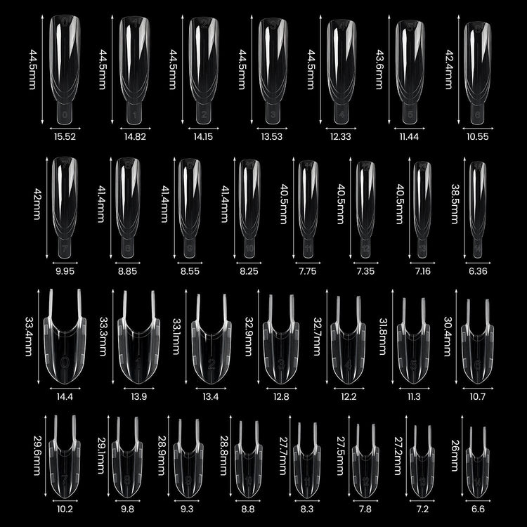 Almond GripLock sandwich nail dual forms size chart with top and bottom measurements for acrylic, gel and polygel nail extensions