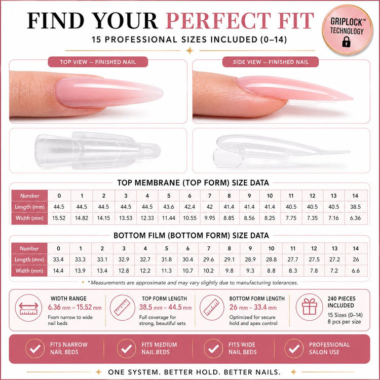 Nail Success Australia GripLock professional nail tip forms size guide with 15 sizes 0 to 14 and 240 pieces included