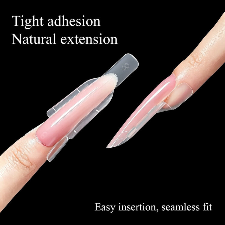 Almond GripLock sandwich nail dual forms showing tight adhesion and seamless fit for natural-looking acrylic, gel and polygel nail extensions