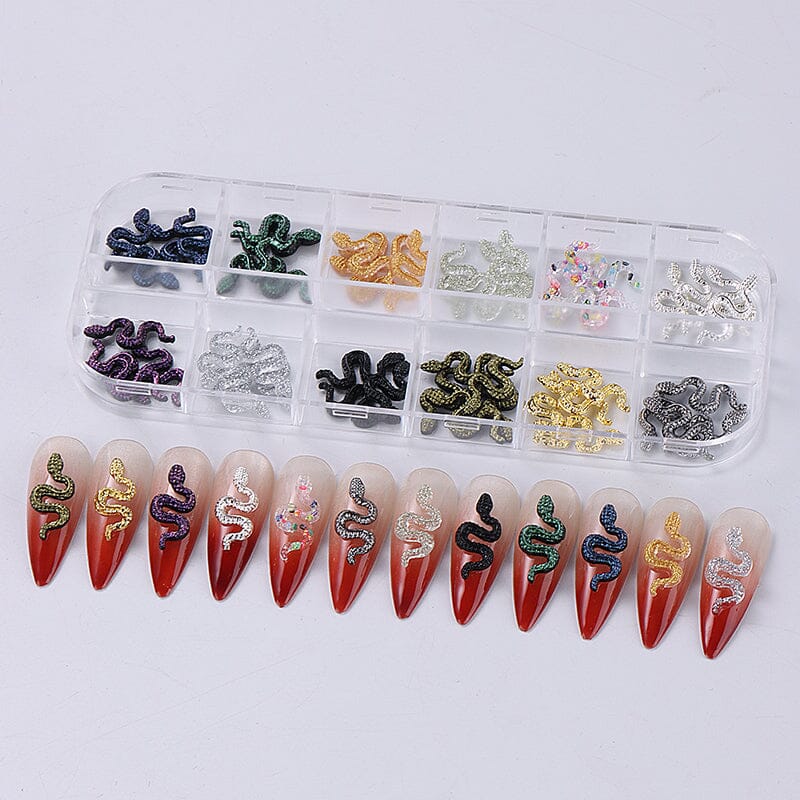 Assorted 3D snake nail charms set – glitter rhinestone decals in 12-grid box for Halloween nail art, acrylic or gel manicures