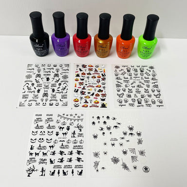 Halloween nail art set with six Sina gel polish bottles and five sticker sheets featuring pumpkins, ghosts, skulls, cats, spiders and webs.
