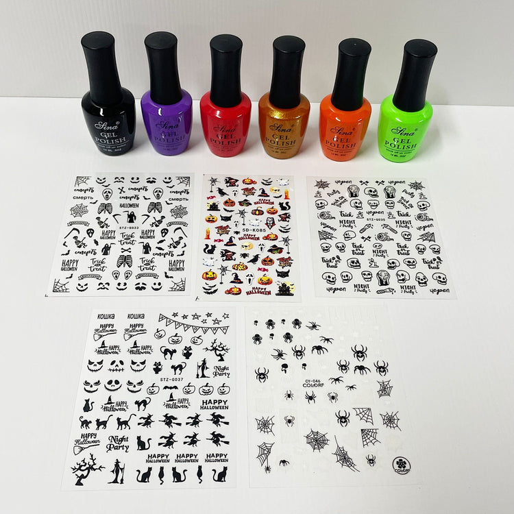 Halloween nail art set with six Sina gel polish bottles and five sticker sheets featuring pumpkins, ghosts, skulls, cats, spiders and webs.
