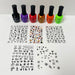 Halloween nail art set with six Sina gel polish bottles and five sticker sheets featuring pumpkins, ghosts, skulls, cats, spiders and webs.
