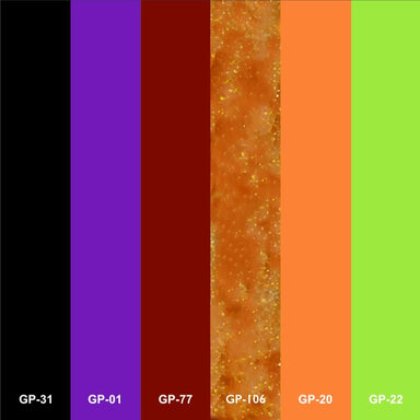 Halloween gel polish colour chart showing six shades: black, purple, dark red, orange glitter, bright orange and lime green.
