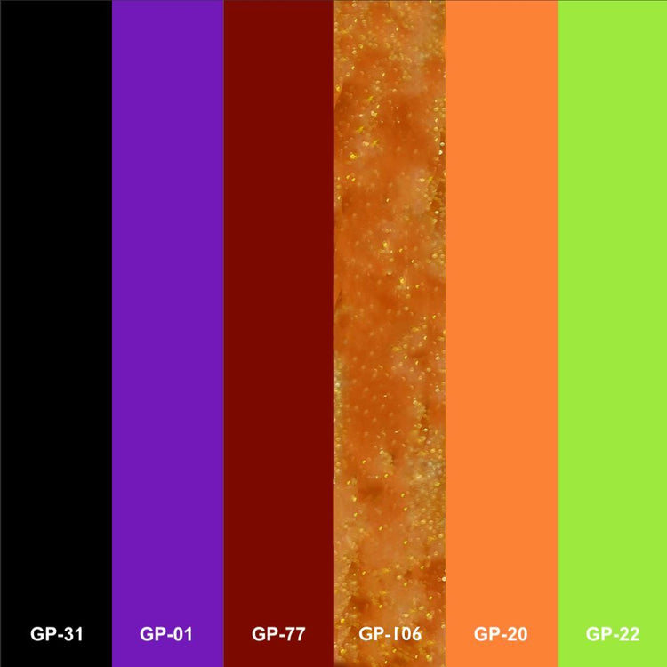 Halloween gel polish colour chart showing six shades: black, purple, dark red, orange glitter, bright orange and lime green.
