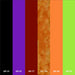 Halloween gel polish colour chart showing six shades: black, purple, dark red, orange glitter, bright orange and lime green.
