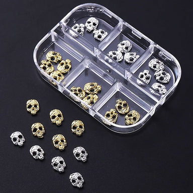 NSI Australia Skull Nail Art Charms—gold & silver 3D metal skulls for Halloween manicures, in organizer tray