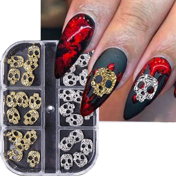 NSI Australia Skull Nail Charms—gold & silver 3D metal skull studs for Halloween nails, with stiletto manicure demo