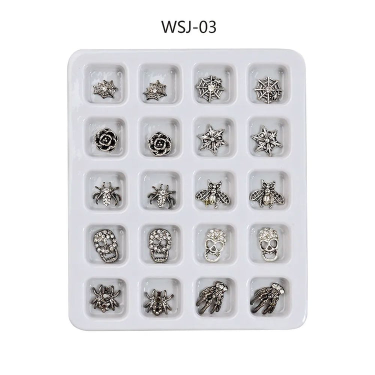 WSJ-03 silver Halloween nail art charms tray – 20pcs 3D skulls, spiders, spider webs, bees, roses, stars & skeleton hands nail decorations