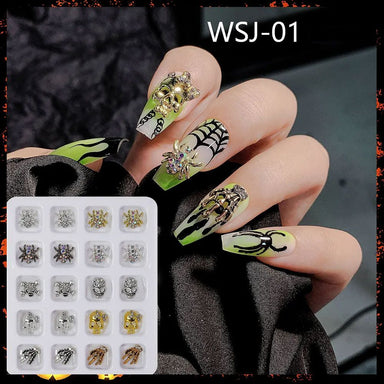 WSJ-01 Halloween nail charms tray (20 pcs) – mix of 3D skull and spider rhinestone studs, shown on black and neon green coffin nails