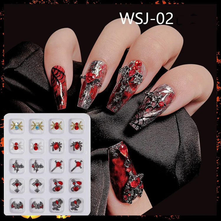 Gothic Halloween 3D nail charms WSJ-02—red rhinestones, spiders and chains on black, red and silver coffin nails