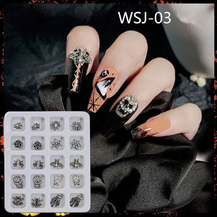 WSJ-03 Halloween nail charms tray (20 pcs) – silver 3D skull, spider web, rose & bee rhinestone studs on black and orange coffin nails