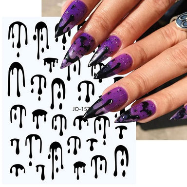 NSI Australia Halloween nail stickers—black drip design, JO-1571; sheet with purple stiletto manicure example