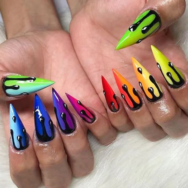 NSI Australia Halloween drip nail stickers—black dripping decals on rainbow stiletto nails, JO series sample