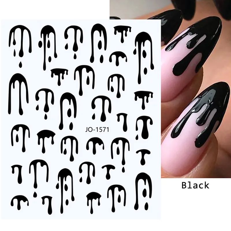 NSI Australia Halloween nail stickers—black dripping design, JO-1571; glossy drip decals shown on almond nails