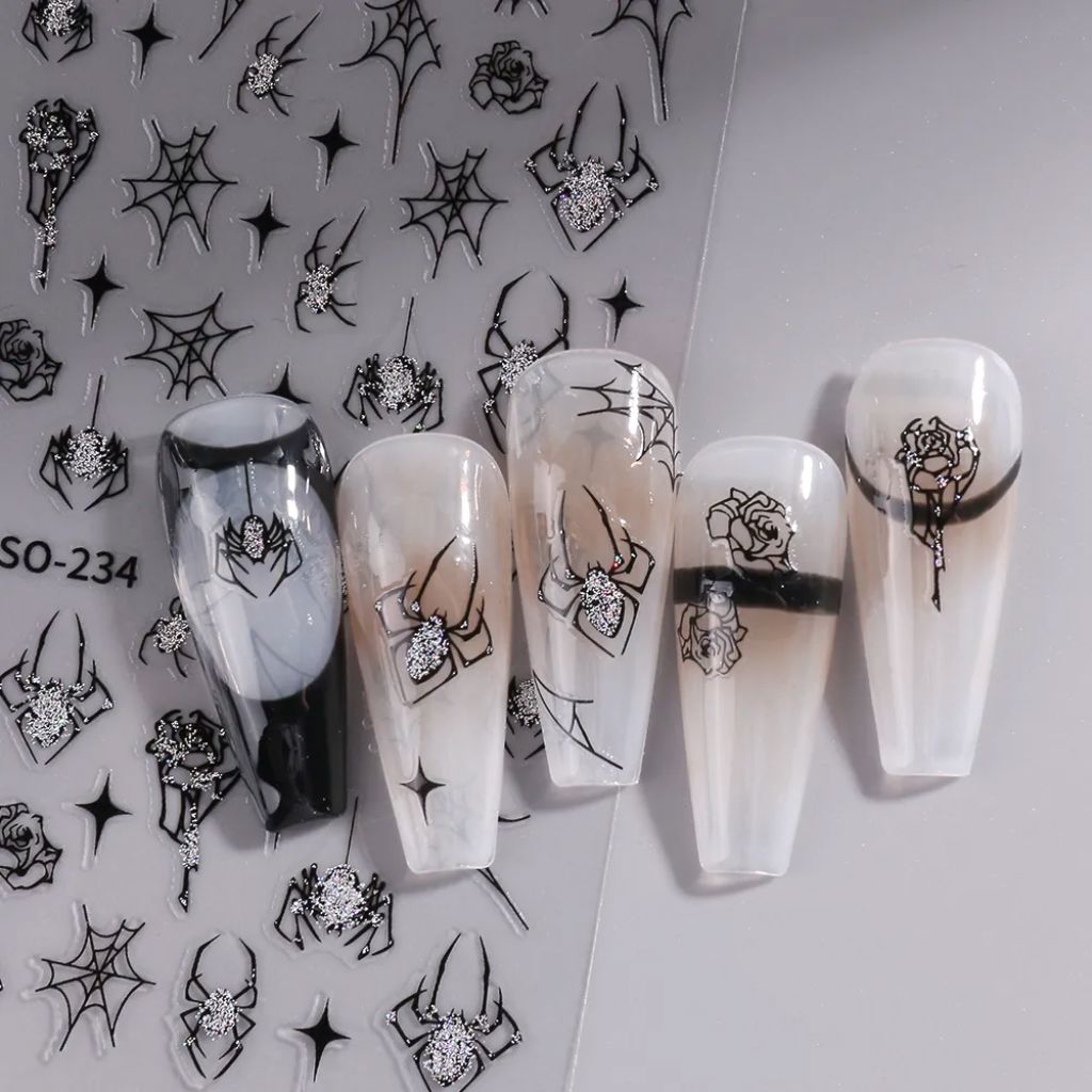 NSI Australia Halloween nail stickers—SO series spider, web & rose designs with silver glitter; sheet shown with sample nails