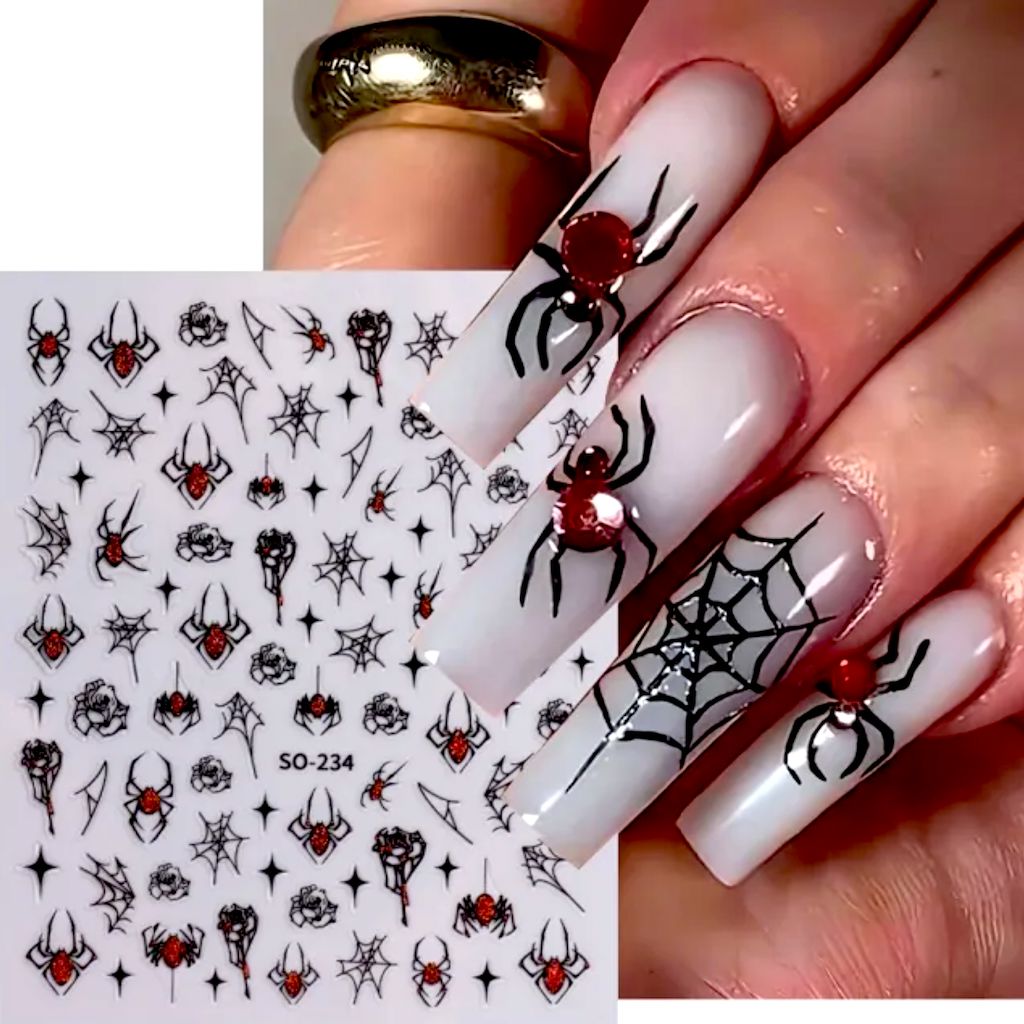 NSI Australia Halloween nail stickers SO-234—black spider & web decals with red glitter accents; sheet with coffin nail demo