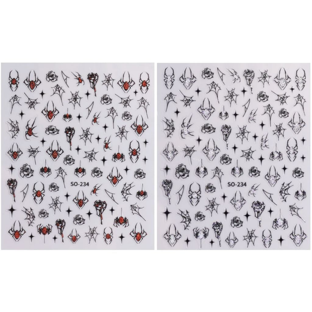 NSI Australia Halloween nail stickers SO-234—pack of 2 sheets with spiders, webs & roses; red and silver glitter accents