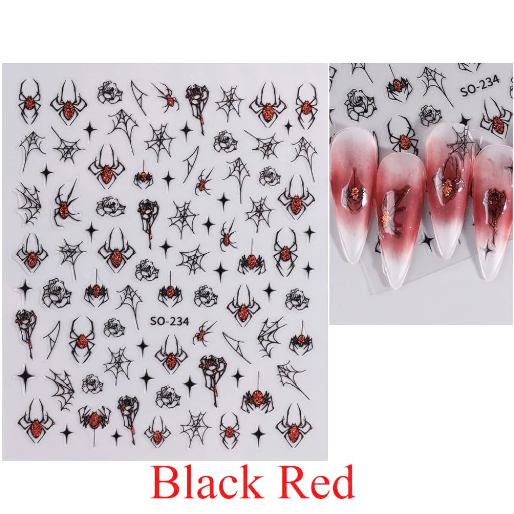 NSI Australia Halloween nail stickers SO-234—black & red spiders, webs and roses with glitter accents; sheet with sample tips