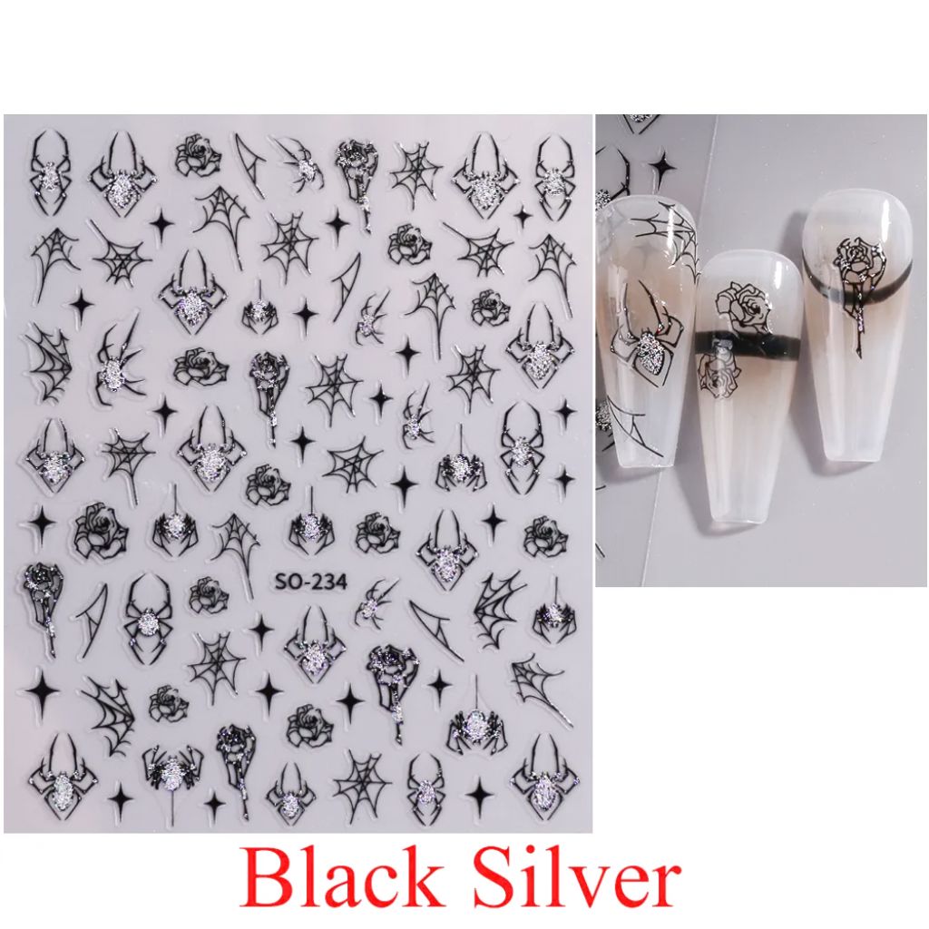 NSI Australia Halloween nail stickers SO-234—black outline with silver glitter; spiders, webs & roses, sample tips shown