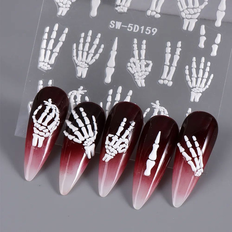 NSI Australia Halloween 5D embossed nail stickers—white skeleton hands, sheet SW-5D159 with ombré stiletto nail samples