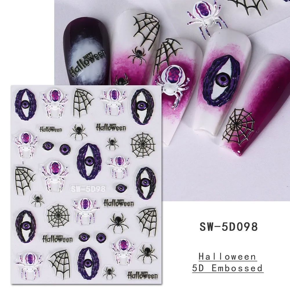 NSI Australia Halloween 5D embossed nail art stickers—spiders, webs, purple eye; sheet SW-5D098 with sample nails