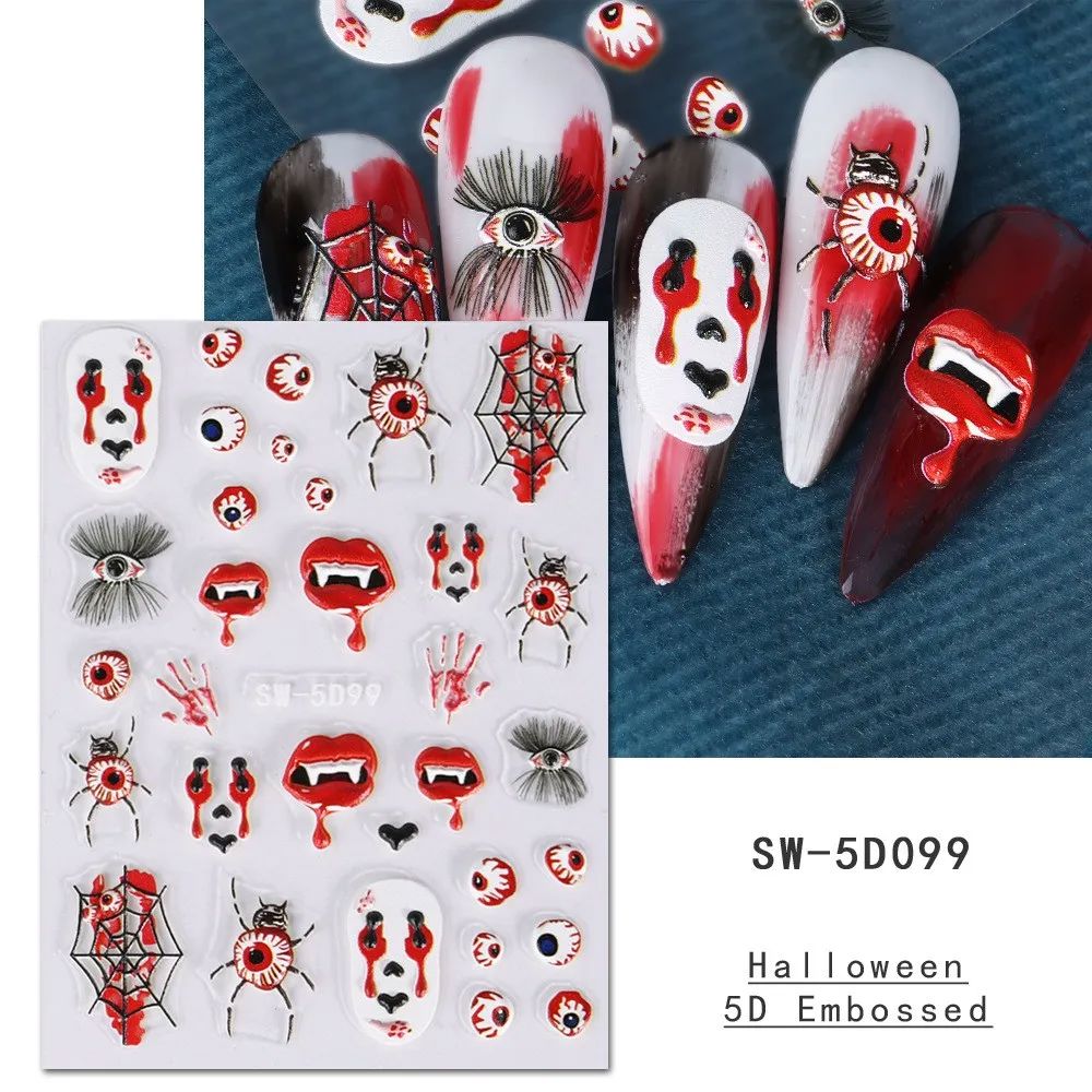 NSI Australia Halloween 5D embossed nail stickers—eyeballs, dripping lips, mask, webs & spiders; sheet SW-5D099 with sample nails
