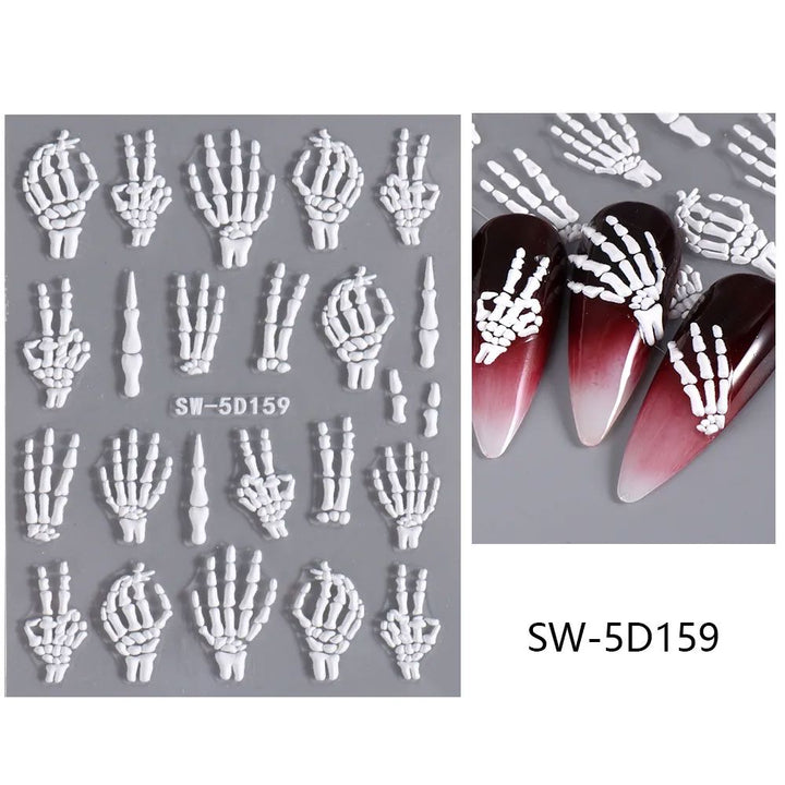 NSI Australia Halloween 5D embossed nail stickers—white skeleton hands, sheet SW-5D159 with sample ombré tips