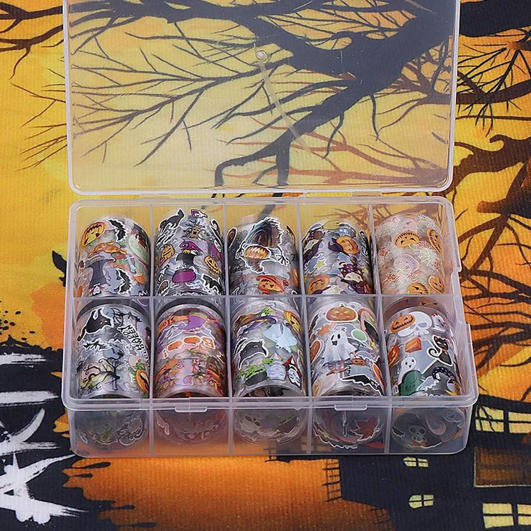Halloween nail transfer foil set (10 rolls) — pumpkins, ghosts and spooky designs in a storage box