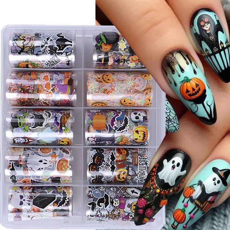 Halloween nail transfer foil set (10 rolls) — spooky foil patterns in organiser box with pumpkin and ghost nail art example