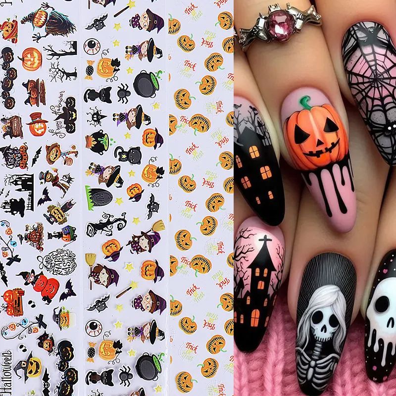 Halloween nail transfer foil set (10 pcs) – pumpkins, witches, haunted houses, spiderweb and skull designs for gel, acrylic and press-on nails