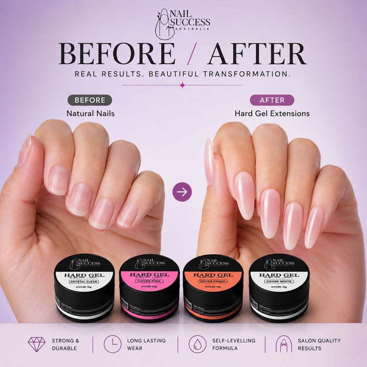 Before-and-after transformation from short natural nails to glossy pink almond hard gel nail extensions