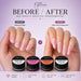Before-and-after transformation from short natural nails to glossy pink almond hard gel nail extensions
