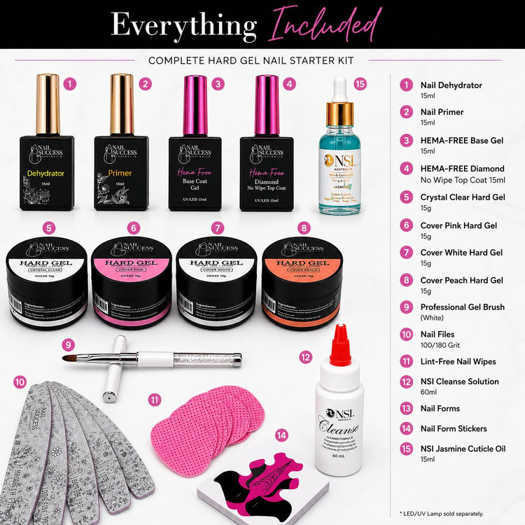 Professional HEMA-free hard gel nail starter kit with four gels, base and top coats, primer, brush, files and forms.
