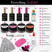 Professional HEMA-free hard gel nail starter kit with four gels, base and top coats, primer, brush, files and forms.