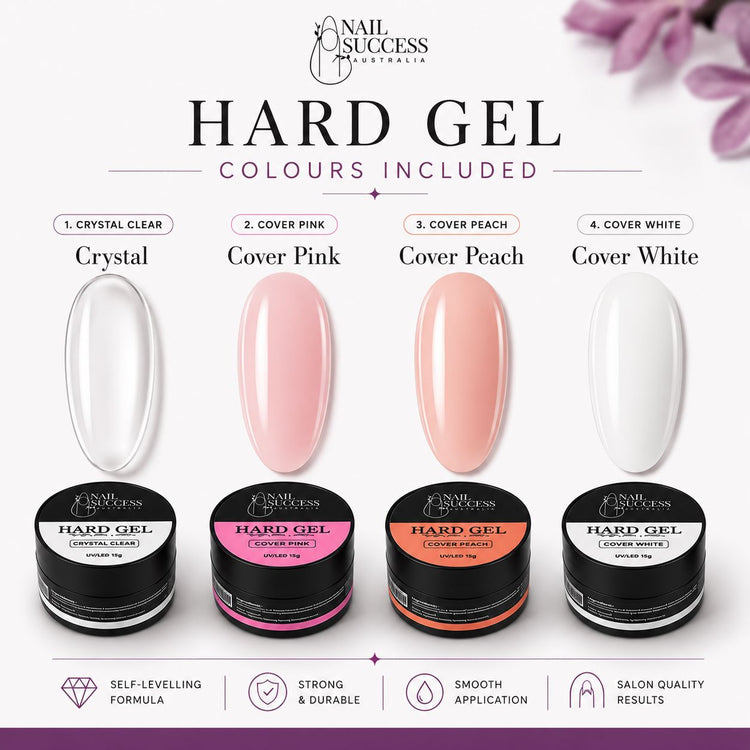 Nail Success Australia hard gel colours in 15g pots: Crystal Clear, Cover Pink, Cover Peach and Cover White