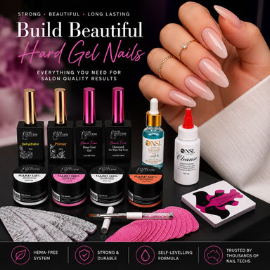HEMA-free hard gel nail starter kit with four gels, preparation products and glossy pink almond nail extensions