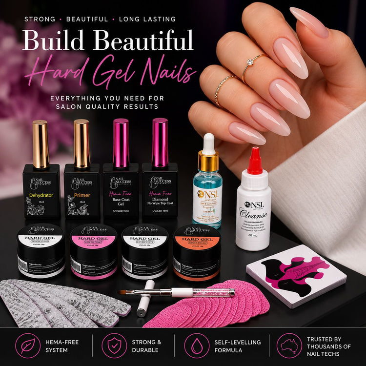 HEMA-free hard gel nail starter kit with four gels, preparation products and glossy pink almond nail extensions