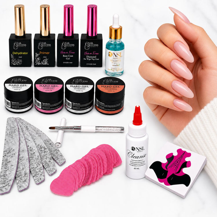 Professional HEMA-free hard gel nail starter kit with four gels, preparation products, tools and a pink almond manicure